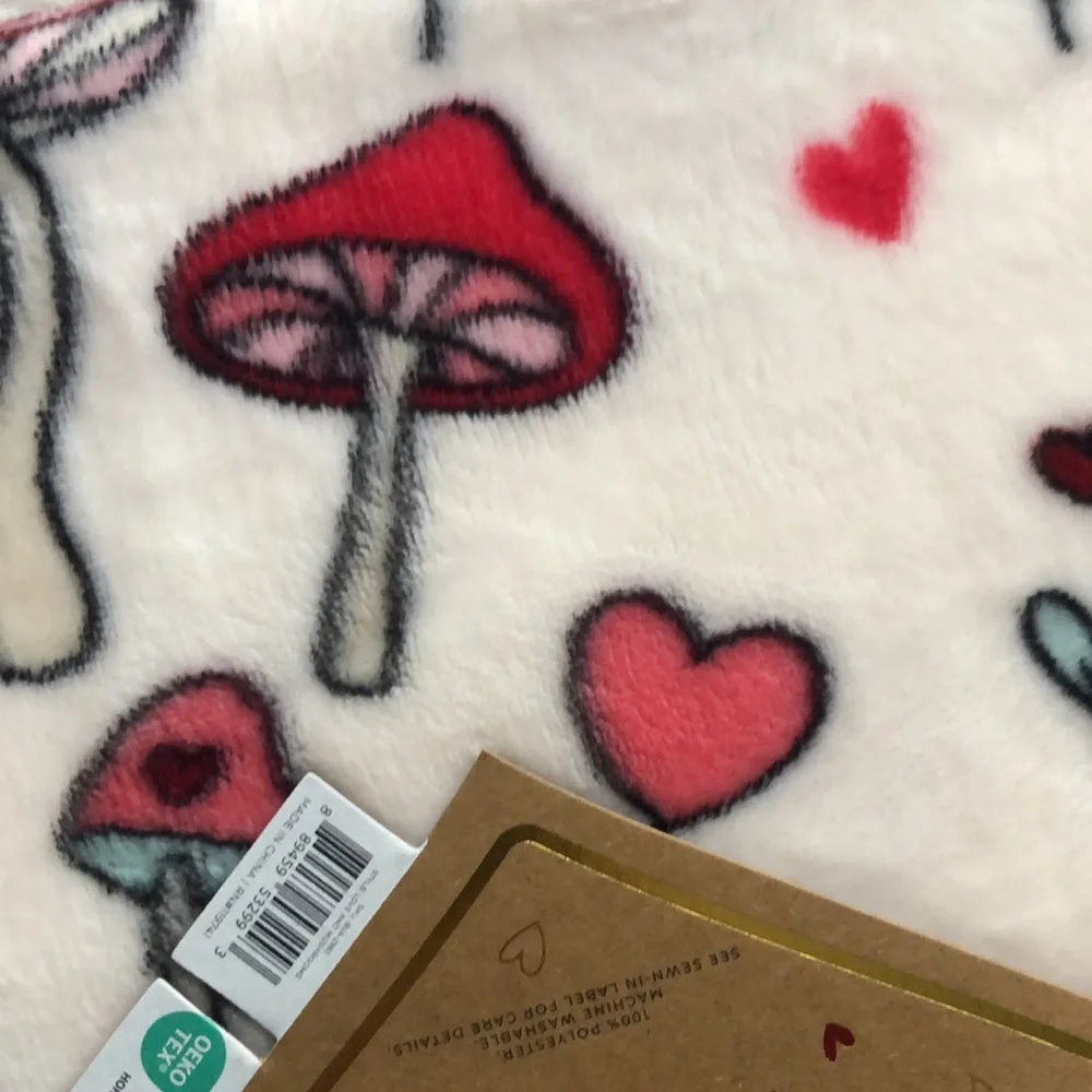 MUSHROOM and HEARTS Plush Queen Blanket